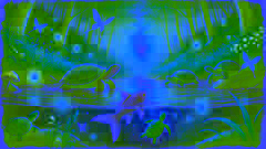 Luna sharing the water with glowing fireflies and kind turtles in a forest stream