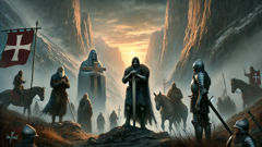 Sintram faces Death and the Devil in a mountain pass at dawn with companions beside him