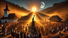Greuceanu holding the sun and moon as the village rings the bell