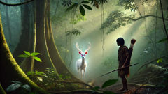 Jaci follows the spectral white deer through dense Amazonian foliage at dawn.
