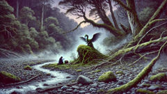 Ailén kneels near a misty riverbend in the forest as the Peuchen emerges from the shadows.
