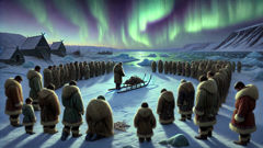 Ujarak and villagers sending the remains of the Tupilaq out on an ice floe beneath the aurora.