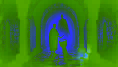 Kwame Boateng, gripping a flashlight, faces the ghostly apparition of Kojo Amissah, who hovers near an ancient drum inside the castle.