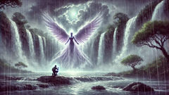The Inkanyamba materializing from mist and rain at Howick Falls as Nomusa kneels in reverence
