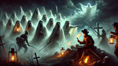 Ghostly white women in swirling mist encircle frightened soldiers on a burial mound at night.