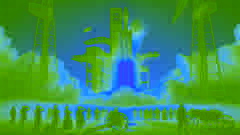A colossal steam-powered rocket ascending into the dawn sky with billowing vapor, silhouetted against fiery boilers.