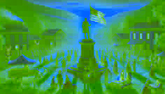 Estatua del general Van Buren en la plaza del pueblo, mientras Rip Van Winkle observa contemplativamente.