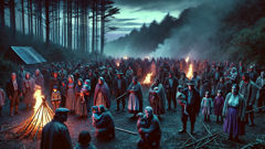 Chilote villagers gathered around fires at forest’s edge in twilight