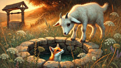 Eine neugierige weiße Ziege späht in einen antiken griechischen Brunnen, in dem ein Fuchs gefangen ist.