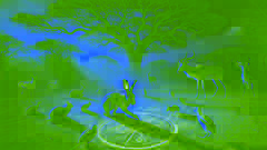 Hare drawing strategy lines in red earth beneath a fever tree surrounded by watching animals