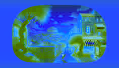 A determined mouse scurrying through ancient stone walls with modern city lights in the background