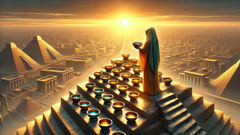 Priestess Ninsun at dawn atop a Mesopotamian ziggurat reflecting sunrise in water bowls