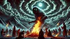 Patas emerging on Mount Damavand in Zahhak’s ritual under dark sky