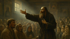 Avvakum delivering a passionate sermon in a crowded Nizhny Novgorod church.