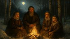 Avvakum and his family huddled by a campfire in Siberia, snow and birch trees around.