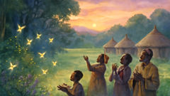 Aziza fairies blessing Dahomey village from the forest edge at sunset.
