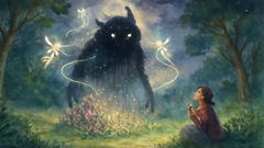 Aziza fairies encircling a shadowy beast with glowing light in Benin forest.