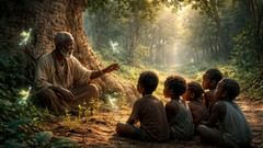 Un aîné raconte les récits fondateurs des Azizas pendant que les enfants tracent les nervures des feuilles et apprennent les premiers principes de réciprocité.