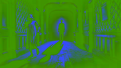 Lucy retrocede en estado de shock al ver una sombra definida que se dibuja al frente en un pasillo oscuro, lleno de tensión y miedo.