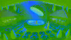 Mbok Sirni opening a golden cucumber in her garden, revealing baby Timun Mas inside, with greenery around her.