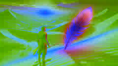 Darius finds a glowing feather of the Huma bird in the desert twilight, casting a soft light in the surrounding sand.