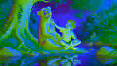 Mowgli et Baloo chantent au bord de la rivière.