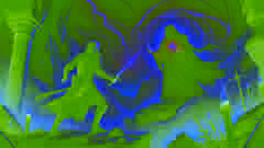 Pryderi, armed with a glowing sword, faces Llwyd, who is cloaked in dark magic in a rocky, mystical landscape.
