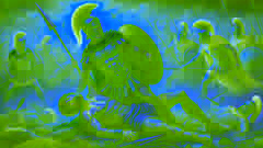 Héctor triunfa sobre Patroclo en el campo de batalla, rodeado de caos.