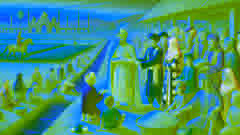 El sultán, humillado, reparte comida y oro entre los aldeanos de un pueblo próspero, donde la gente es feliz y los campos son exuberantes.