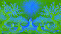 Xi Wangmu in divine robes addresses Liu Feiyan in a glowing garden with golden trees and luminous peaches.