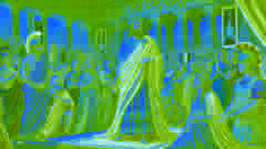 Oedipus crowned as King of Thebes, standing in a grand hall with Queen Jocasta and the joyous citizens.