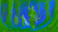 Phra Ram, Sida y Phra Lak recorren un frondoso bosque, con Phra Ram al frente y Phra Lak preparado para la batalla.