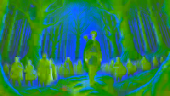 Fionn mac Cumhaill liderando a los guerreros Fianna a través de un bosque encantado.