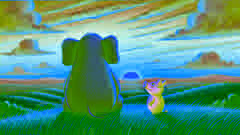 Gerald und Piggie beobachten gemeinsam einen farbenfrohen Sonnenuntergang, während Gerald ruhiger und nachdenklicher wirkt.
