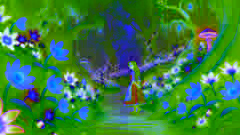 Marie on a hidden path with luminescent flowers and magical creatures