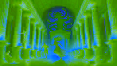 Poseidon’s pursuit of Medusa inside Athena’s sacred temple with ornate columns and golden oil lamp light.