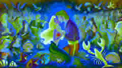Prince Eric kissing Ariel, breaking the spell, as a crowd of sea creatures and humans celebrate around them.