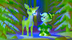 Rudolphe rencontre Hermey dans une forêt enneigée ; Hermey est joyeux, et le nez lumineux de Rudolphe éclaire la neige.