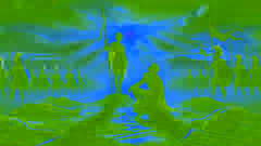 Athena verschont Ares, nachdem sie ihn in ihrem letzten Duell besiegt hat, während die Sonne hinter dem besiegten Schlachtfeld untergeht.