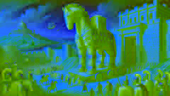 El Caballo de Troya siendo llevado hacia Troya, con soldados griegos y ciudadanos curiosos en una gran ciudad antigua.