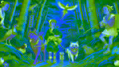 Momotaro et ses trois compagnons animaux—un chien, un singe et un faisan—entament leur voyage vers Onigashima.
