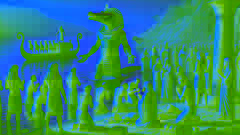 Sobek emerge del Nilo mientras el faraón Tutmosis III y los sacerdotes se arrodillan ante él, ofreciéndole oro y ganado.