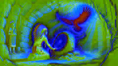 Blauer Adler, der vor dem leuchtenden Heiligtum in einer verborgenen Höhle kniet, während ein mystischer blauer Adlergeist erscheint.