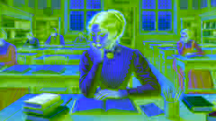 Anne Shirley studying diligently at her desk in Queen’s Academy, surrounded by books and notes.