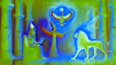 Thoth médie un différend entre Ra et Sekhmet dans une grande salle illuminée par des sculptures divines.