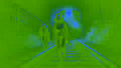 Emma and the girl walk along dark railway tracks under the night sky, glancing behind them in fear.