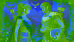 Artemis and Apollo face each other in a moment of sibling rivalry, set in a Greek landscape