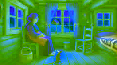Eine ältere Großmutter sitzt am Fenster in einer Holzhütte, neben ihr ein kleiner Maus, und sie genießt einen friedlichen Moment.