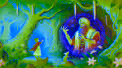 Le ermite Kaladitya utilise ses pouvoirs mystiques pour transformer une petite souris en une jeune fille nommée Aranya, au cœur d'une forêt ancienne vibrante de vie.