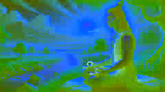 Arjuna medita pacíficamente junto a un río, reflexionando sobre las enseñanzas de Krishna, rodeado de montañas y una atmósfera serena.